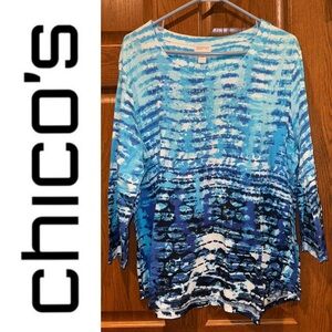 EUC Chico’s Zenergy Size 4 Blue Tie Dye with Sequins Top